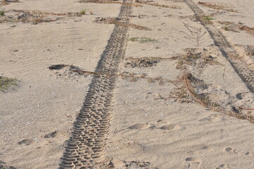 Tracks of four-wheel-drive tires on the sand by the river.