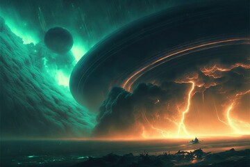 Fototapeta na wymiar abstract planets in neon style with beautiful scenery of space AI