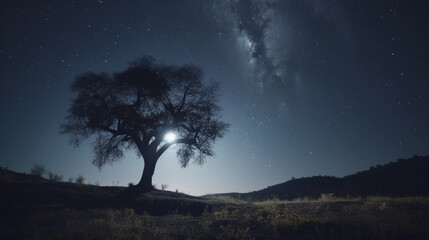 Fototapeta na wymiar A night sky with stars a moon and a silhouette Generative AI 