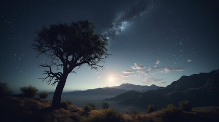 Fototapeta na wymiar A night sky with stars a moon and a silhouette Generative AI 