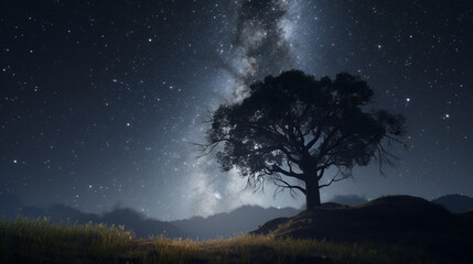 Obraz na płótnie Canvas A night sky with stars a moon and a silhouette Generative AI 