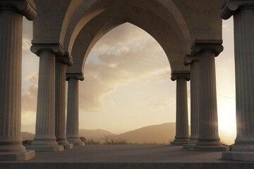 Fototapeta na wymiar 3d rendering of a stoa hall with ionic columns and view to beautiful mountains