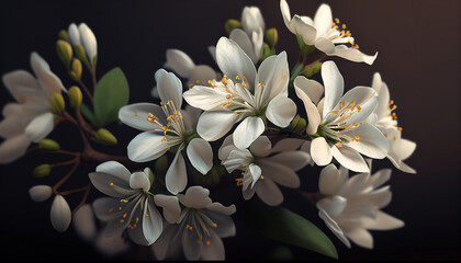 White flowers in bloom against a dark hazy background, Generative AI