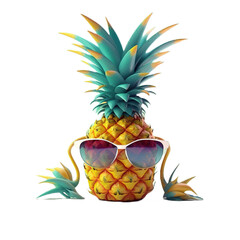 Vacation concept. Generative AI. Pineapple cartoon style in sunglasses on the beach. Leisure. Transparente background. 