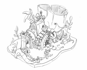 Fototapeta premium dwarf house sketch, black line white background