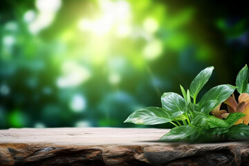 Wooden Platform Landscape with Green Plants Bokeh Panorama Background. Nature Outdoors, Trees, Wood and Blurred Copy Space. illustration Generative AI