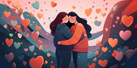 Cute couple in love hugging with many hearts, generative AI - obrazy, fototapety, plakaty