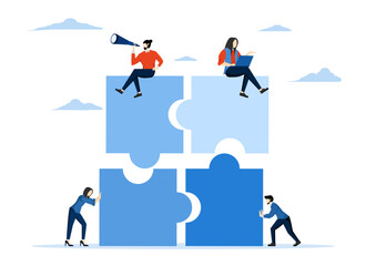 teamwork concept, Project team collaboration, teamwork, partnership or colleagues working together to solve problems and achieve success, businessmen colleagues working together on a jigsaw puzzle.
