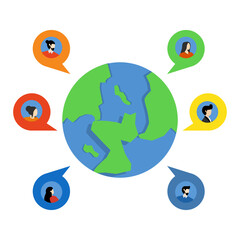 business people around the world, online communication, online meeting with all corners of the world, global business concept, earth with chat bubble icon and business people.
