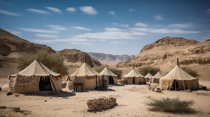 A tent encampment in a desert environment, Generative AI. - obrazy, fototapety, plakaty