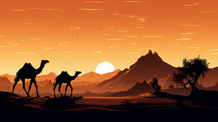 Fototapeta na wymiar Camels in a desert environment with beautiful light conditions Generative AI.