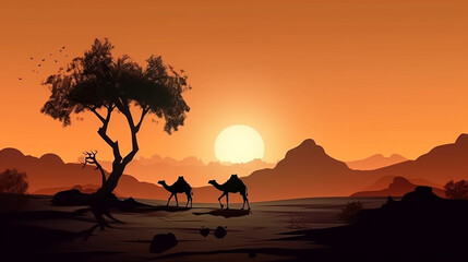 Fototapeta na wymiar Camels in a desert environment with beautiful light conditions Generative AI.