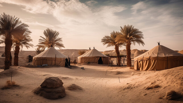 A tent encampment in a desert environment, Generative AI.