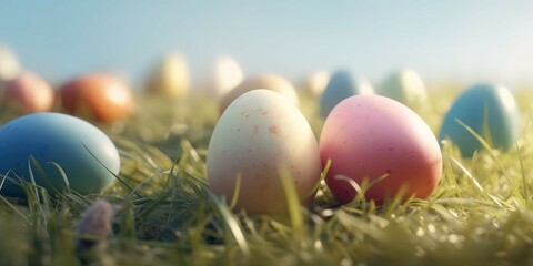 Fototapeta na wymiar Easter egg hunt with a grassy field background, generative AI