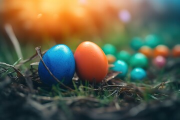 Fototapeta na wymiar Easter egg hunt with a rainbow Color, generative AI