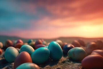 Easter egg hunt with a grassy field background, generative AI