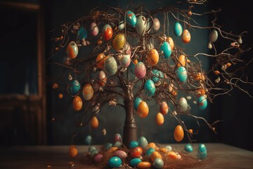 Easter egg tree with hanging eggs light soft color, generative AI