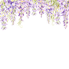 Watercolor hand drawn wisteria illustration. Floral border - obrazy, fototapety, plakaty
