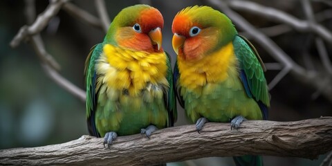 Fototapeta na wymiar Lovebirds on a branch, generative AI
