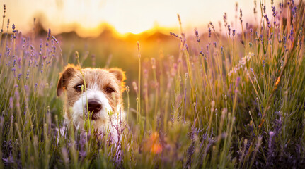 Banner of a cute dog puppy in the lavender flower herbal field in summer at sunrise