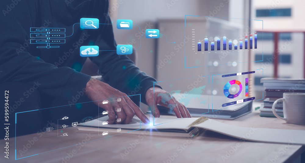Wall mural document data system report hr technology concept: businessman manager checking white documents repo