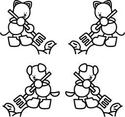 収穫をするわんまるとにゃんまるの線画セット　犬　猫