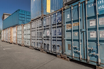 Warehouse of metal sea containers in two floors. Sea containers. Transportation of goods. Logistics company. International trade. Ukraine economy. Trade port.