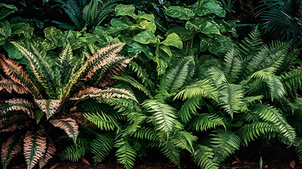 みずみずしく、多彩に： 南国の葉物植物の美しい組み合わせ No.003 | Lush and Varied: A Beautiful Combination of Tropical Foliage Plants Generative AI