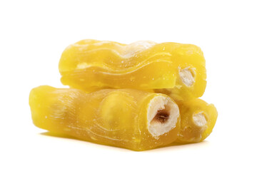 Turkish Delight with Hazelnut. Turkish delight with lemon flavor isolated on white background.