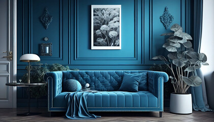 Modern living room with sofa, blue chic modern luxury aesthetics style living room, Generative AI