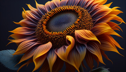 Close up of a sunflower with dark background, fantastic sunflower in closeup, Generative AI
