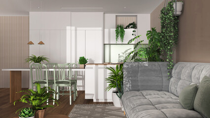 Urban jungle, living room with sofa and dining room in white and wooden tones. Kitchen, carpet and houseplants. Home garden interior design. Biophilia concept