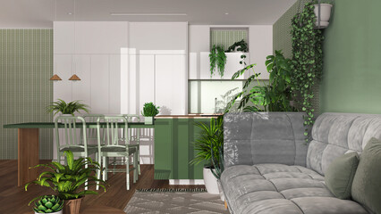 Urban jungle, living room with sofa and dining room in white and green tones. Kitchen, carpet and houseplants. Home garden interior design. Biophilia concept
