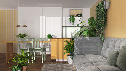 Urban jungle, living room with sofa and dining room in white and yellow tones. Kitchen, carpet and houseplants. Home garden interior design. Biophilia concept