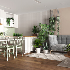 Home garden, dining and living room in white and wooden tones. Island with chairs, parquet and mani houseplants. Urban jungle interior design. Biophilia concept