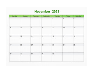 The November 2023 Calendar page for 2023 year isolated on white background, Save clipping path.