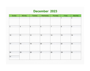 The December 2023 Calendar page for 2023 year isolated on white background, Save clipping path.