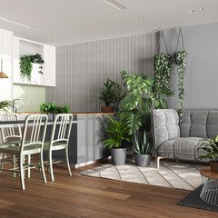 Home garden, dining and living room in white and gray tones. Island with chairs, parquet and mani houseplants. Urban jungle interior design. Biophilia concept