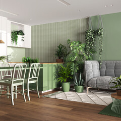Home garden, dining and living room in white and green tones. Island with chairs, parquet and mani houseplants. Urban jungle interior design. Biophilia concept