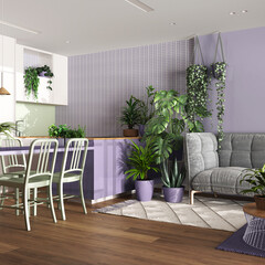 Home garden, dining and living room in white and purple tones. Island with chairs, parquet and mani houseplants. Urban jungle interior design. Biophilia concept