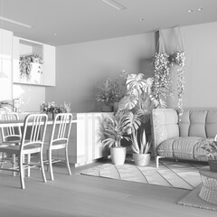 Total white project draft, home garden, dining and living room. Island with chairs, parquet and mani houseplants. Urban jungle interior design. Biophilia concept