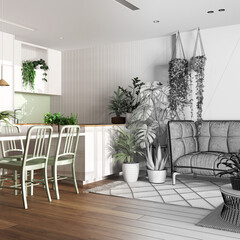 Architect interior designer concept: hand-drawn draft unfinished project that becomes real, home garden, dining and living room. Urban jungle style. Biophilia concept