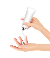 Open hands and pouring lotion from packaging vector illustration. squeezing liquid from skincare routine in bottle like realistic.