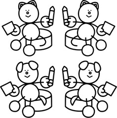 工作するわんまるとにゃんまるの線画セット　犬　猫