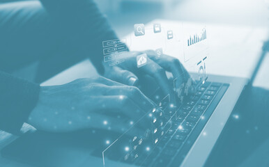 business plan strategy data analysis concetp, businessman using computer tablet working virtual diagram, connection organisation chart, analyst data analysis, buainess report