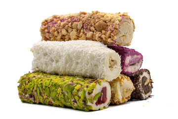 Turkish Delight with Pistachio and Hazelnut. Turkish delight assortment isolated on white background