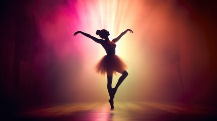 Female ballet dancer silhouette in multicolored haze spotlight beam dark background, prima ballerina assoluta dancing on stage of theater, smooth movements of ballet woman performer, generative AI