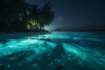 Naklejka na ściany i meble vacation blue paradise tropical ocean night beach tree palm luminous sky. Generative AI.