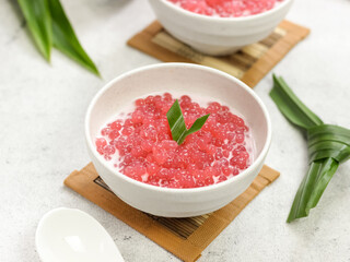 Bubur sagu mutiara, Indonesian dessert, made from sagu mutiara (pearls sago), coconut milk, sugar, pandanus leaves. Very famous during Ramadhan. Iftar food.