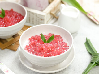 Bubur sagu mutiara, Indonesian dessert, made from sagu mutiara (pearls sago), coconut milk, sugar, pandanus leaves. Very famous during Ramadhan. Iftar food.